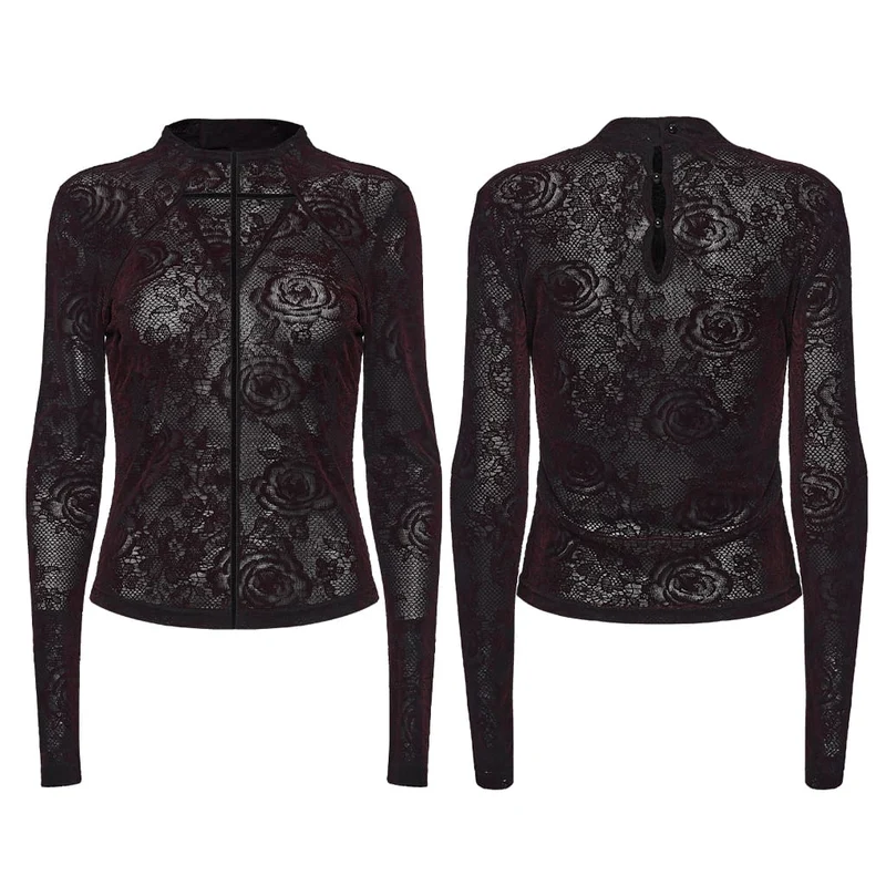 Gothic-Langarmshirt mit Rosenjacquardmuster für Damen, Rot