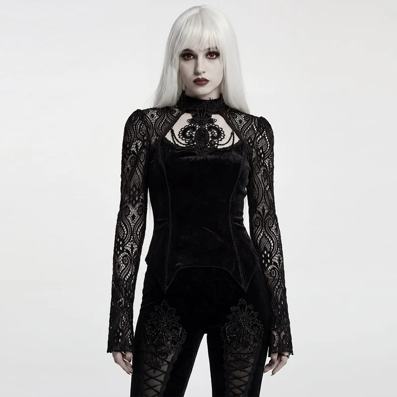 Schwarzes, langärmeliges Samttop aus floralem Jacquard-Spitzenstoff im Gothic-Stil für Damen