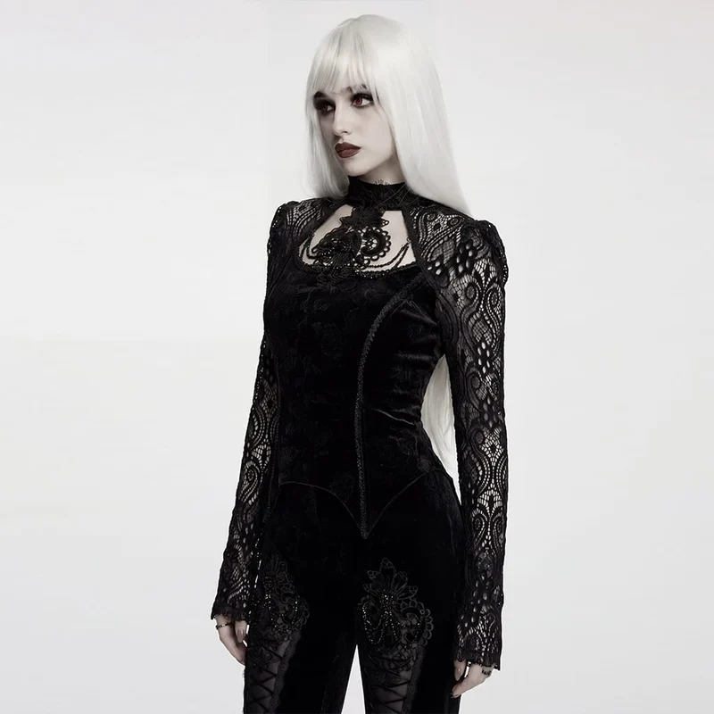 Schwarzes, langärmeliges Samttop aus floralem Jacquard-Spitzenstoff im Gothic-Stil für Damen