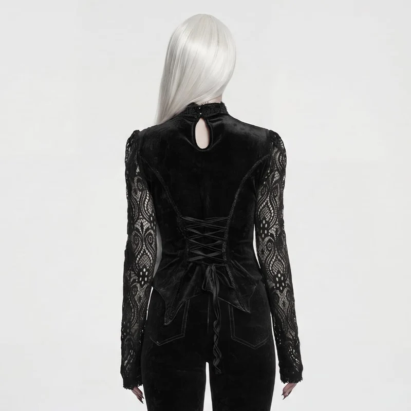 Schwarzes, langärmeliges Samttop aus floralem Jacquard-Spitzenstoff im Gothic-Stil für Damen