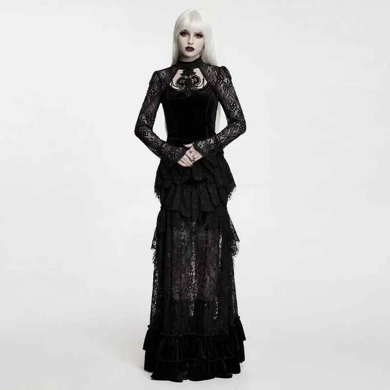 Schwarzes, langärmeliges Samttop aus floralem Jacquard-Spitzenstoff im Gothic-Stil für Damen