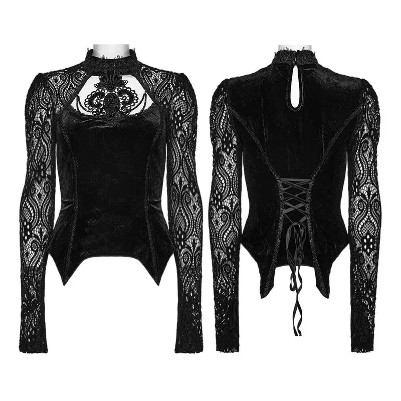 Schwarzes, langärmeliges Samttop aus floralem Jacquard-Spitzenstoff im Gothic-Stil für Damen