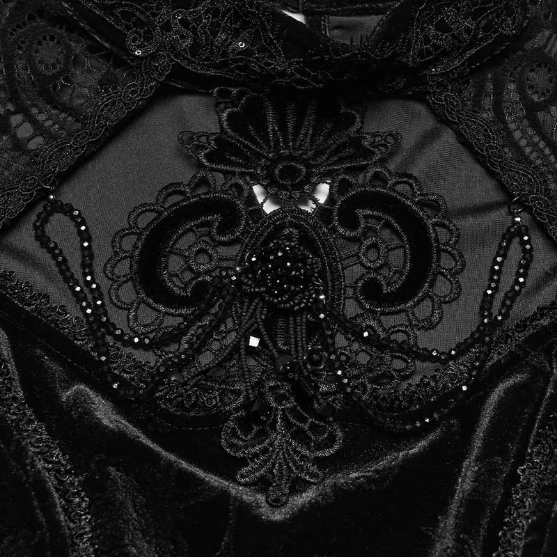 Schwarzes, langärmeliges Samttop aus floralem Jacquard-Spitzenstoff im Gothic-Stil für Damen