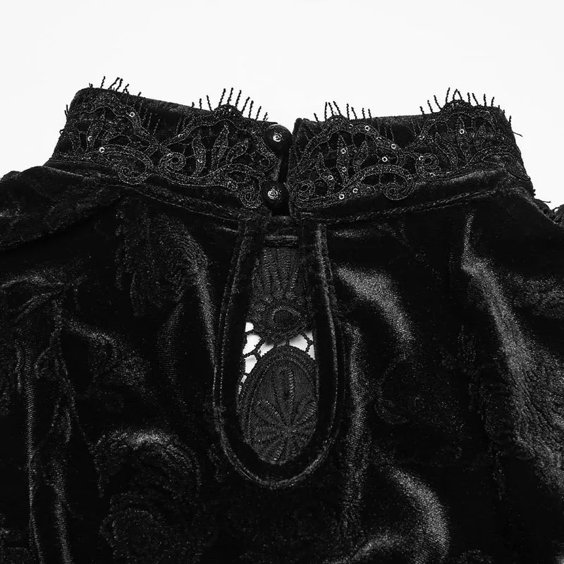 Schwarzes, langärmeliges Samttop aus floralem Jacquard-Spitzenstoff im Gothic-Stil für Damen