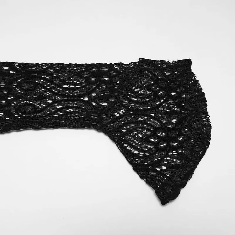 Schwarzes, langärmeliges Samttop aus floralem Jacquard-Spitzenstoff im Gothic-Stil für Damen