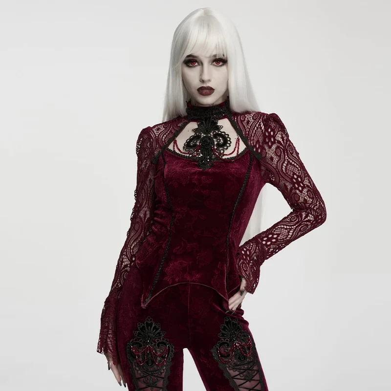 Rotes, langärmeliges Samttop im Gothic-Stil mit floralem Jacquard-Spitzenmuster für Damen