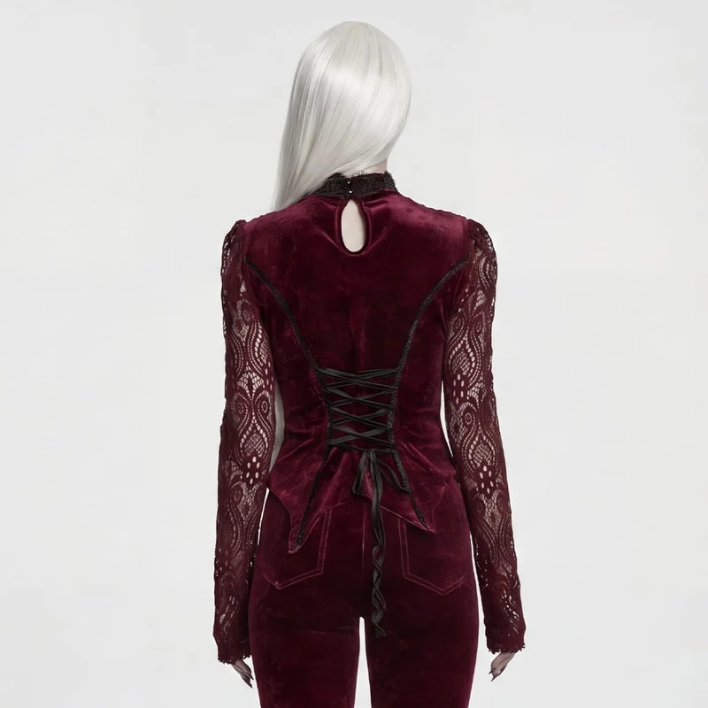 Rotes, langärmeliges Samttop im Gothic-Stil mit floralem Jacquard-Spitzenmuster für Damen