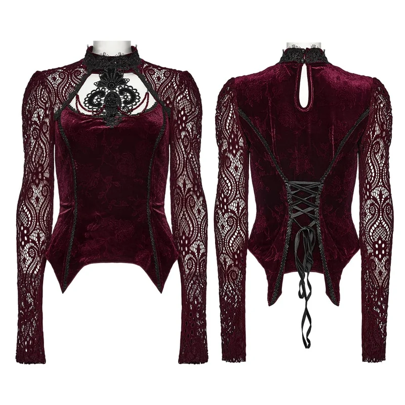Rotes, langärmeliges Samttop im Gothic-Stil mit floralem Jacquard-Spitzenmuster für Damen
