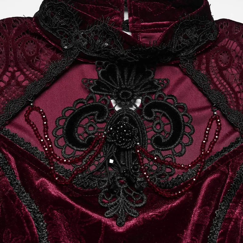 Rotes, langärmeliges Samttop im Gothic-Stil mit floralem Jacquard-Spitzenmuster für Damen