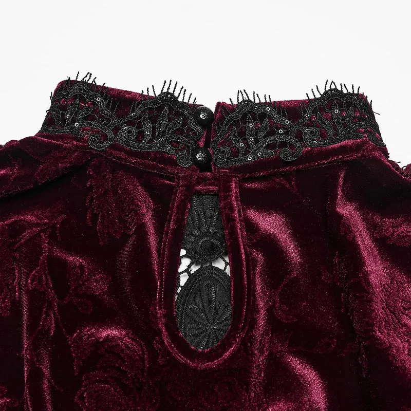 Rotes, langärmeliges Samttop im Gothic-Stil mit floralem Jacquard-Spitzenmuster für Damen
