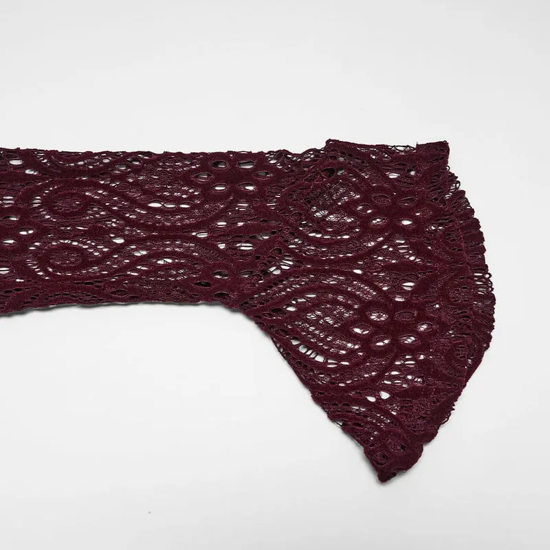 Rotes, langärmeliges Samttop im Gothic-Stil mit floralem Jacquard-Spitzenmuster für Damen