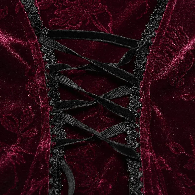Rotes, langärmeliges Samttop im Gothic-Stil mit floralem Jacquard-Spitzenmuster für Damen