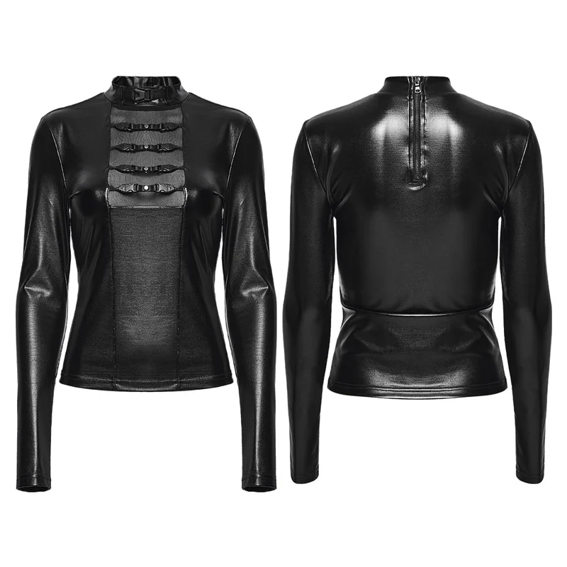 Punk-Damen-Langarmtop mit Stehkragen, Mesh-Einsätzen, mehreren Schnallenriemen