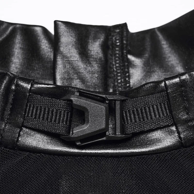 Punk-Damen-Langarmtop mit Stehkragen, Mesh-Einsätzen, mehreren Schnallenriemen