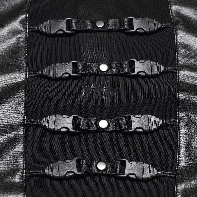 Punk-Damen-Langarmtop mit Stehkragen, Mesh-Einsätzen, mehreren Schnallenriemen
