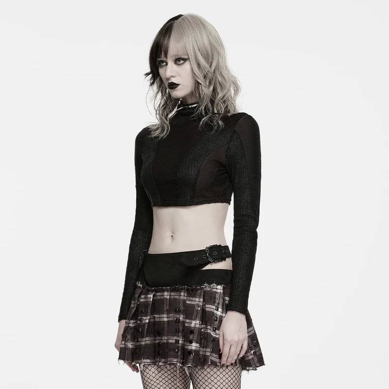 Punk-Crop-Top für Damen mit Rollkragen, langen Ärmeln