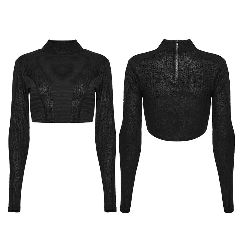 Punk-Crop-Top für Damen mit Rollkragen, langen Ärmeln