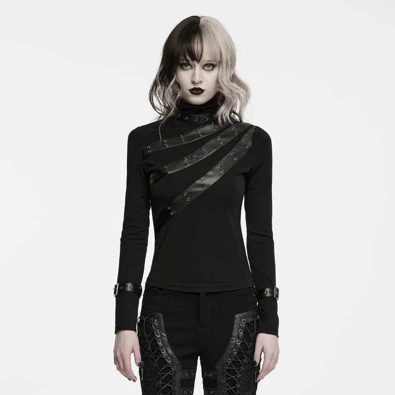 Punk-Damen-Rollkragenpullover mit Ösenschnalle und langen Ärmeln