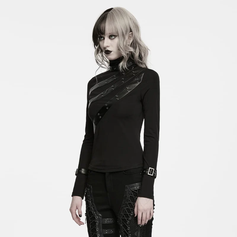Punk-Damen-Rollkragenpullover mit Ösenschnalle und langen Ärmeln