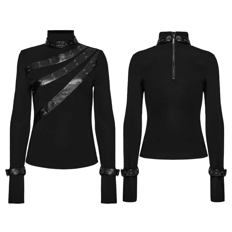 Punk-Damen-Rollkragenpullover mit Ösenschnalle und langen Ärmeln