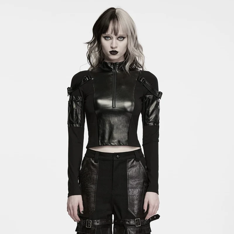 Punk-Crop-Top für Damen mit Stehkragen, Schnallenriemen, Reißverschlusstaschen an den Armen, langen Ärmeln und langen Ärmeln