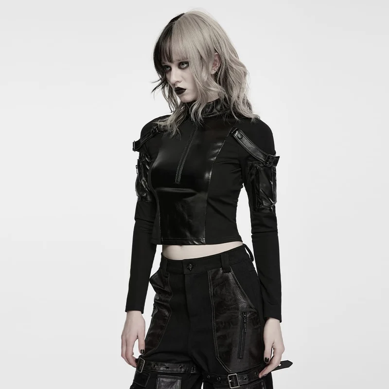 Punk-Crop-Top für Damen mit Stehkragen, Schnallenriemen, Reißverschlusstaschen an den Armen, langen Ärmeln und langen Ärmeln