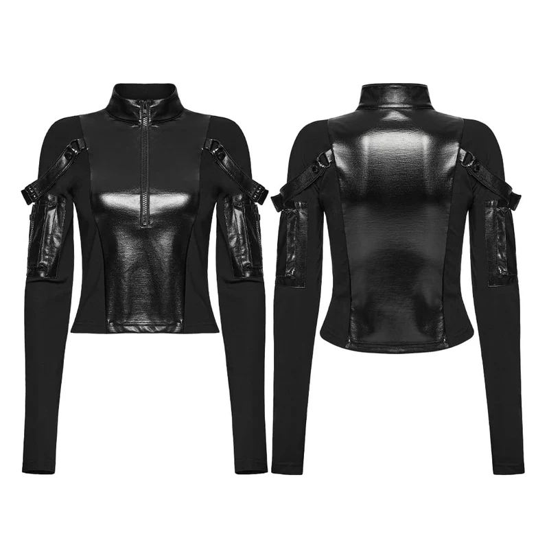 Punk-Crop-Top für Damen mit Stehkragen, Schnallenriemen, Reißverschlusstaschen an den Armen, langen Ärmeln und langen Ärmeln