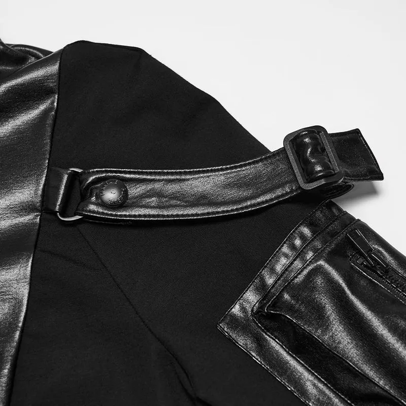 Punk-Crop-Top für Damen mit Stehkragen, Schnallenriemen, Reißverschlusstaschen an den Armen, langen Ärmeln und langen Ärmeln