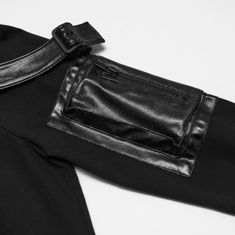 Punk-Crop-Top für Damen mit Stehkragen, Schnallenriemen, Reißverschlusstaschen an den Armen, langen Ärmeln und langen Ärmeln