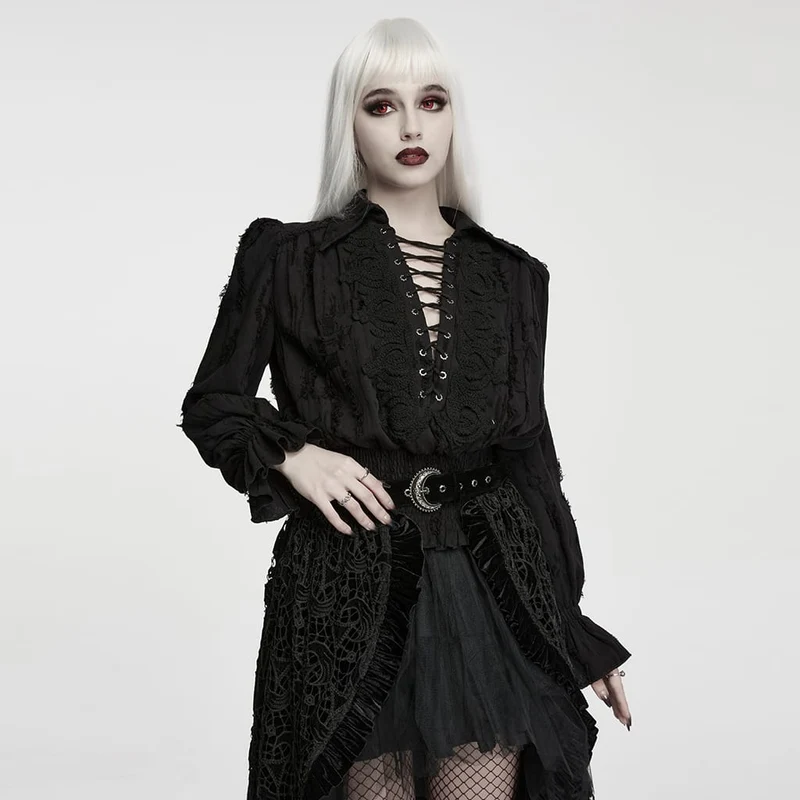 Schwarzes Gothic-Langarmshirt für Damen mit Schnürung, Used-Look-Kragen und langen Ärmeln