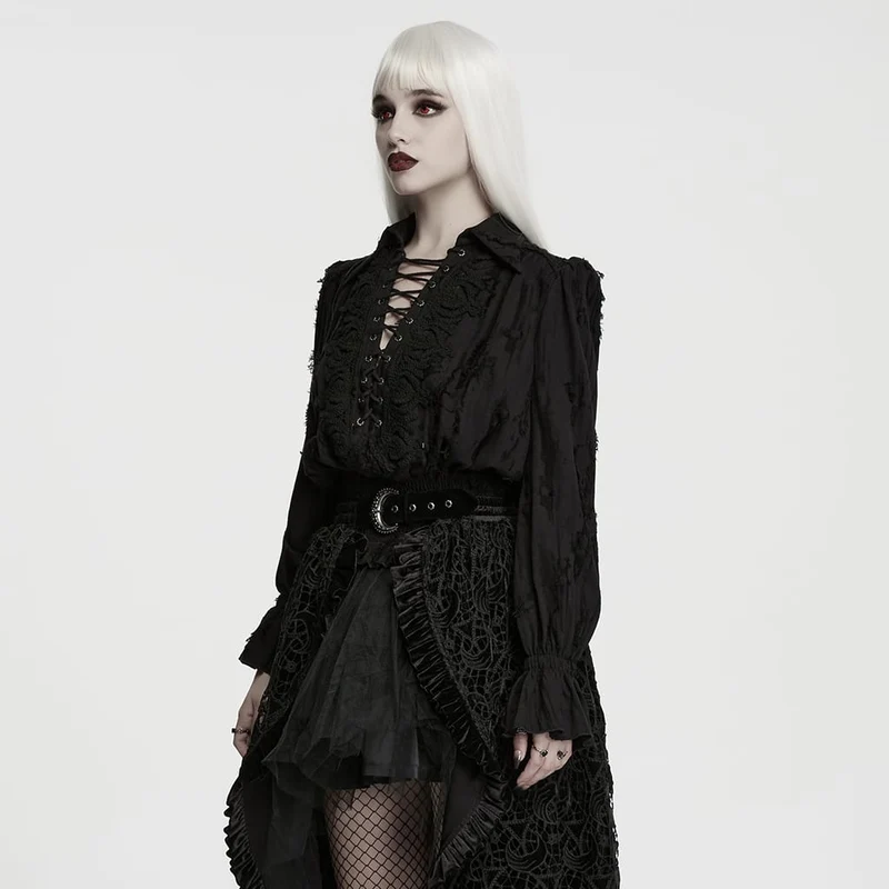 Schwarzes Gothic-Langarmshirt für Damen mit Schnürung, Used-Look-Kragen und langen Ärmeln