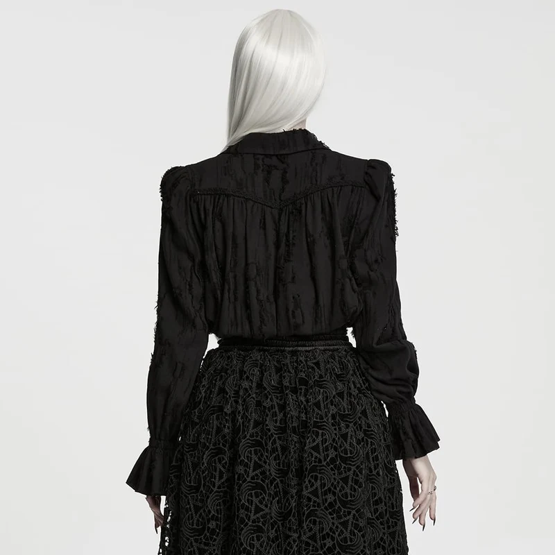 Schwarzes Gothic-Langarmshirt für Damen mit Schnürung, Used-Look-Kragen und langen Ärmeln