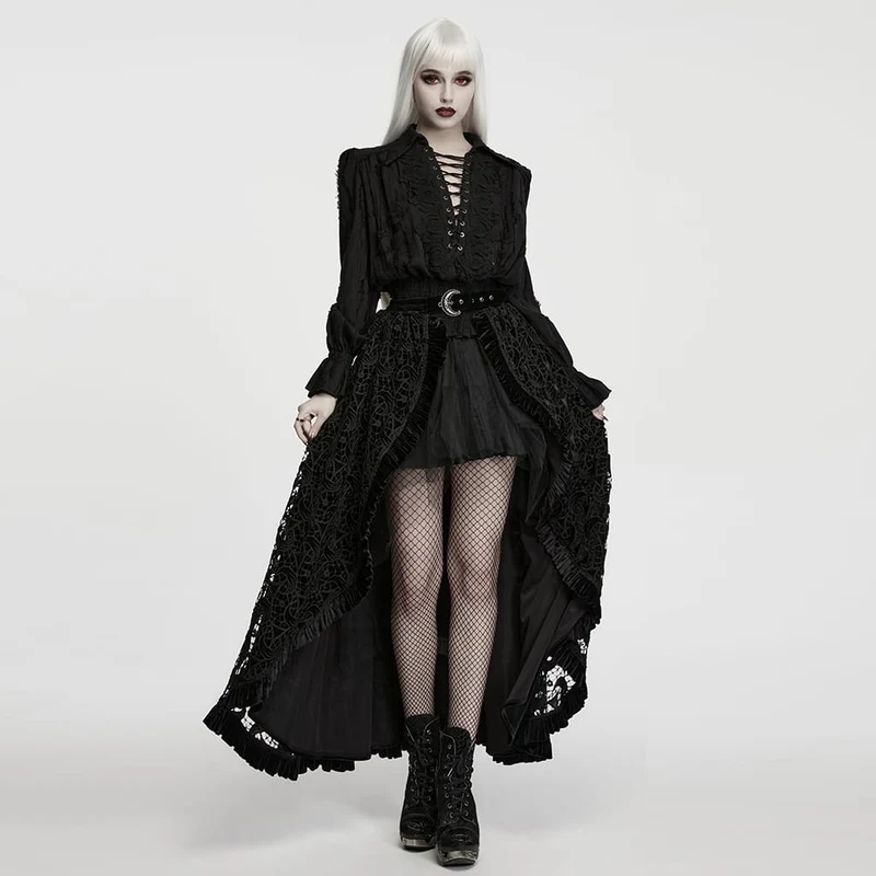 Schwarzes Gothic-Langarmshirt für Damen mit Schnürung, Used-Look-Kragen und langen Ärmeln