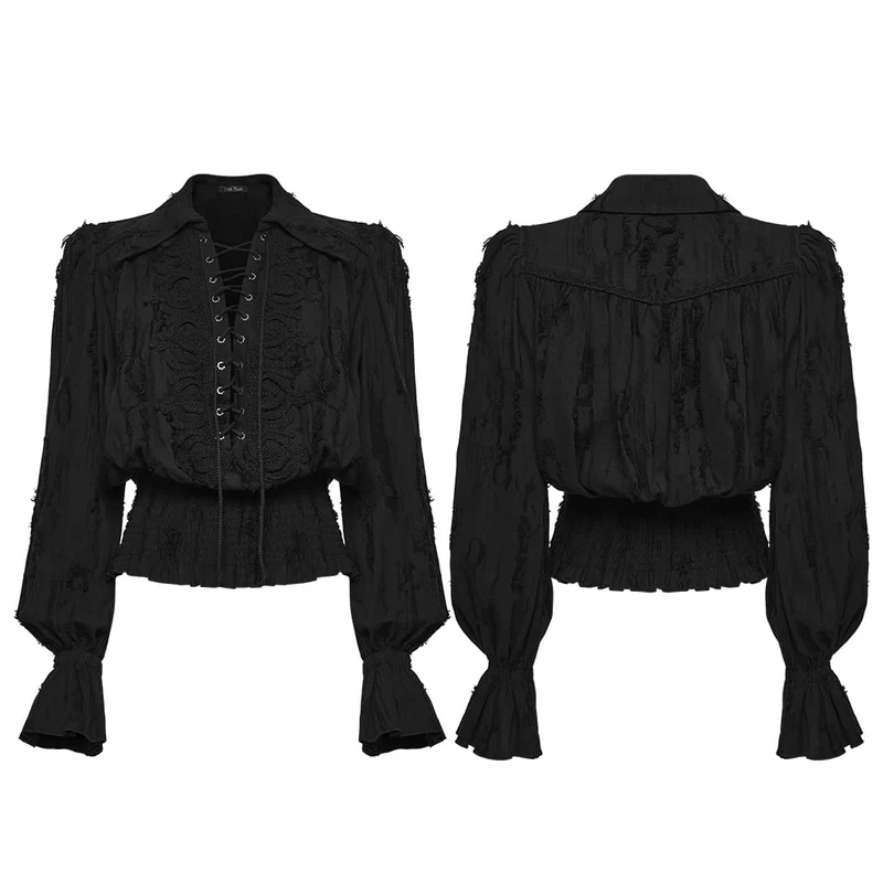 Schwarzes Gothic-Langarmshirt für Damen mit Schnürung, Used-Look-Kragen und langen Ärmeln