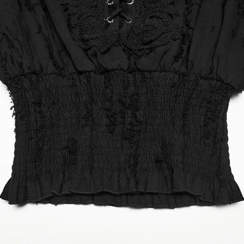 Schwarzes Gothic-Langarmshirt für Damen mit Schnürung, Used-Look-Kragen und langen Ärmeln