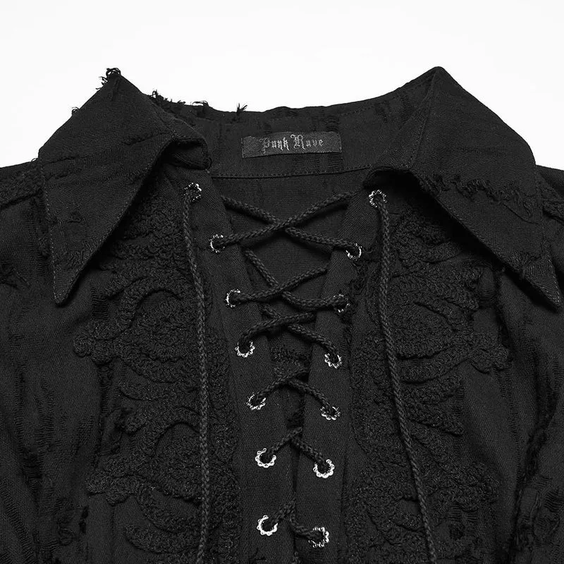 Schwarzes Gothic-Langarmshirt für Damen mit Schnürung, Used-Look-Kragen und langen Ärmeln