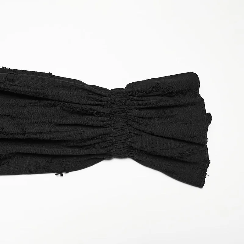 Schwarzes Gothic-Langarmshirt für Damen mit Schnürung, Used-Look-Kragen und langen Ärmeln