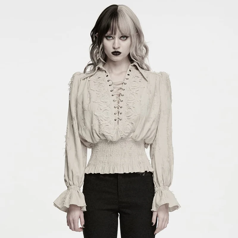 Weißes, gotisches Damen-Langarmshirt mit Schnürung, Used-Look-Kragen und langen Ärmeln