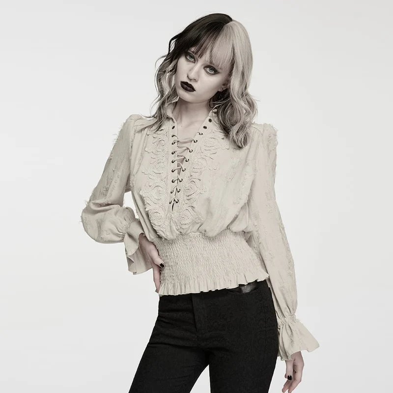 Weißes, gotisches Damen-Langarmshirt mit Schnürung, Used-Look-Kragen und langen Ärmeln