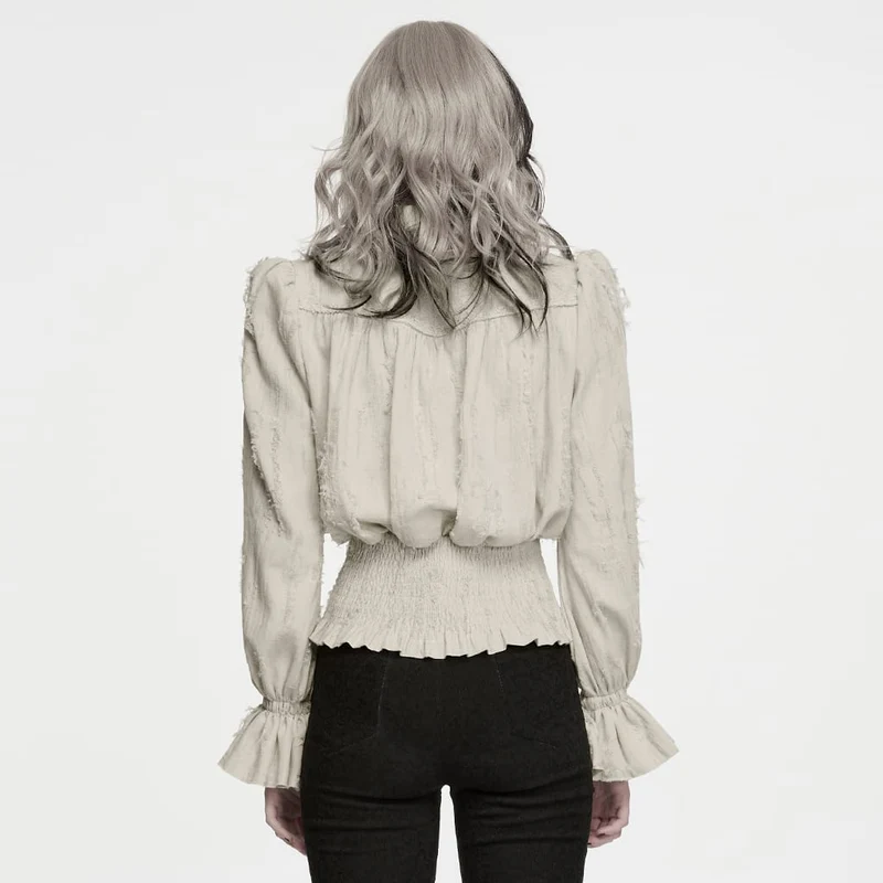 Weißes, gotisches Damen-Langarmshirt mit Schnürung, Used-Look-Kragen und langen Ärmeln