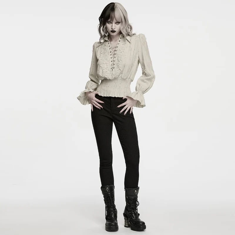 Weißes, gotisches Damen-Langarmshirt mit Schnürung, Used-Look-Kragen und langen Ärmeln