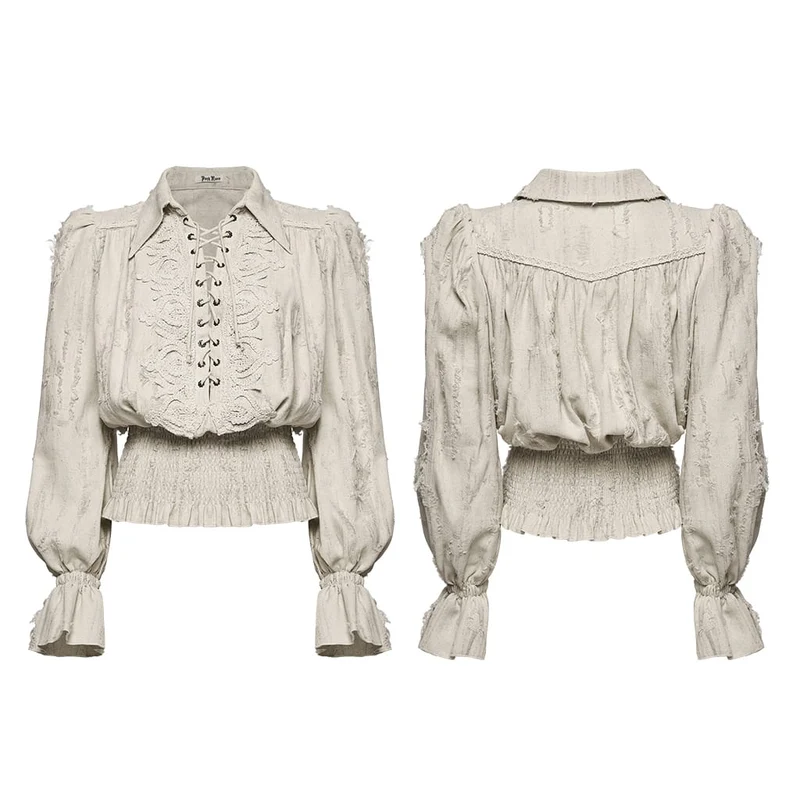 Weißes, gotisches Damen-Langarmshirt mit Schnürung, Used-Look-Kragen und langen Ärmeln