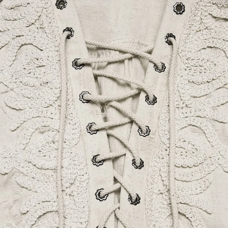 Weißes, gotisches Damen-Langarmshirt mit Schnürung, Used-Look-Kragen und langen Ärmeln