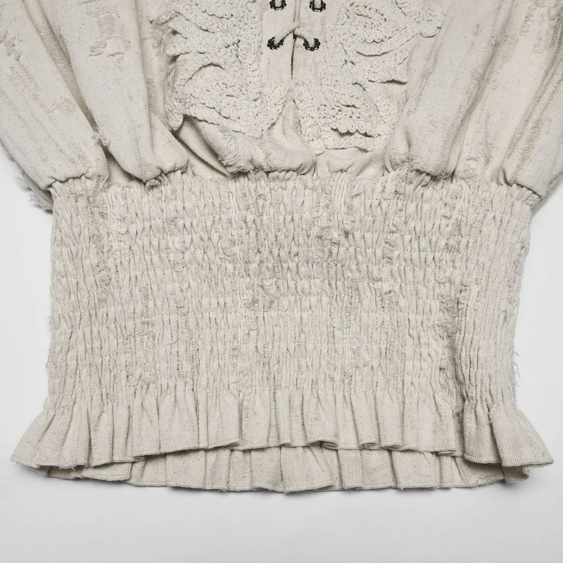 Weißes, gotisches Damen-Langarmshirt mit Schnürung, Used-Look-Kragen und langen Ärmeln