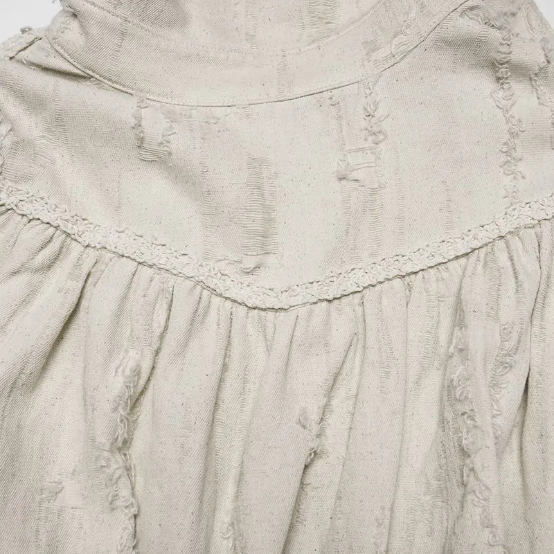 Weißes, gotisches Damen-Langarmshirt mit Schnürung, Used-Look-Kragen und langen Ärmeln