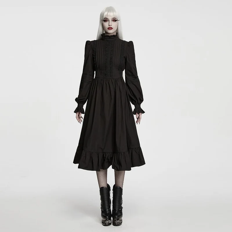 Gothic-Maxikleid für Damen mit Rüschen, hohem Kragen und Bischofsärmeln