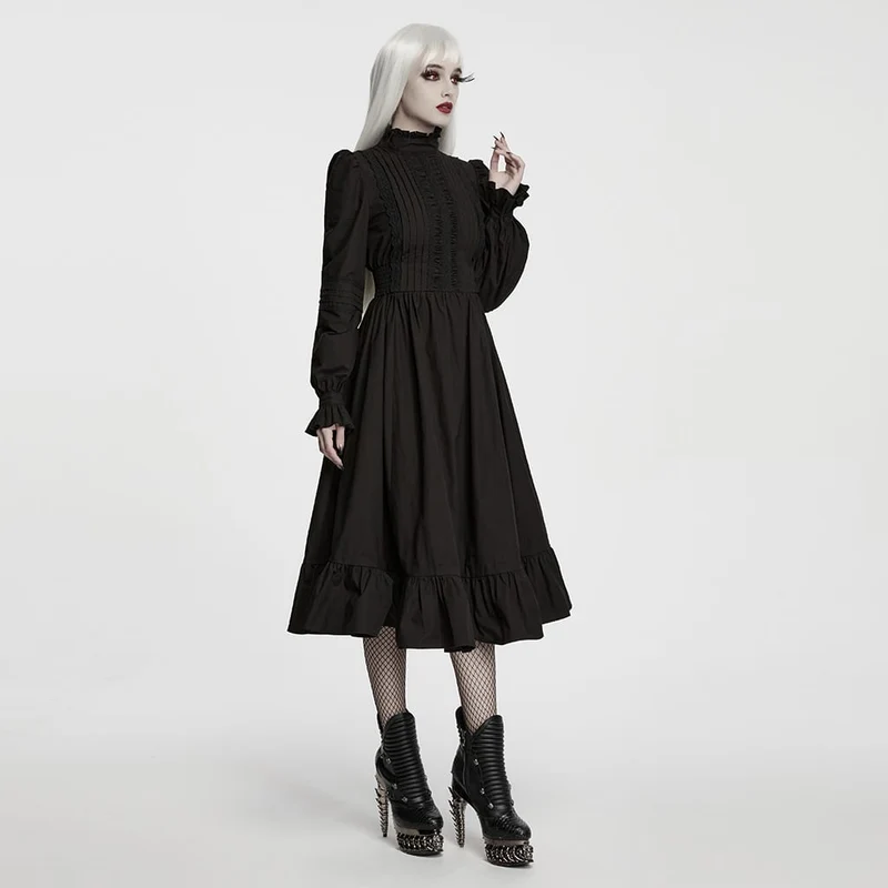 Gothic-Maxikleid für Damen mit Rüschen, hohem Kragen und Bischofsärmeln