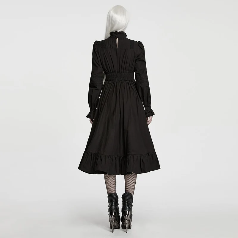 Gothic-Maxikleid für Damen mit Rüschen, hohem Kragen und Bischofsärmeln