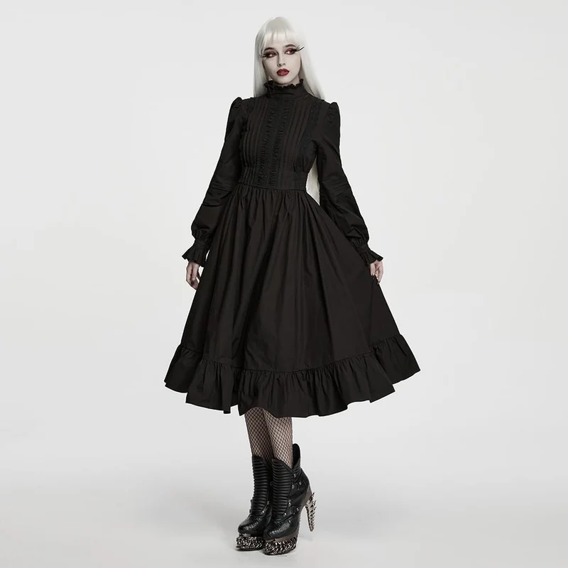 Gothic-Maxikleid für Damen mit Rüschen, hohem Kragen und Bischofsärmeln