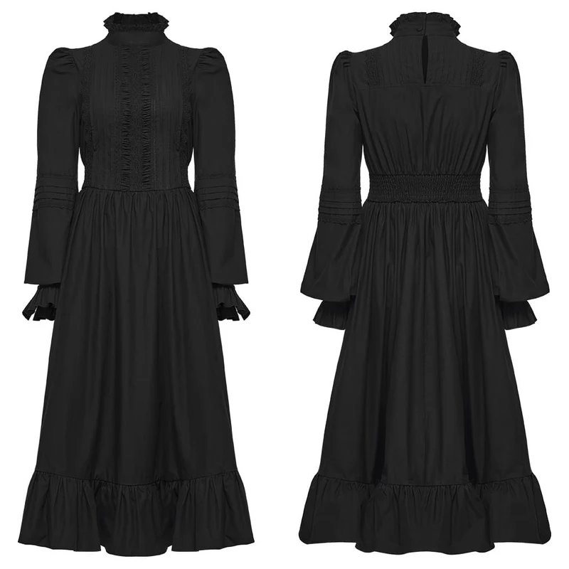 Gothic-Maxikleid für Damen mit Rüschen, hohem Kragen und Bischofsärmeln